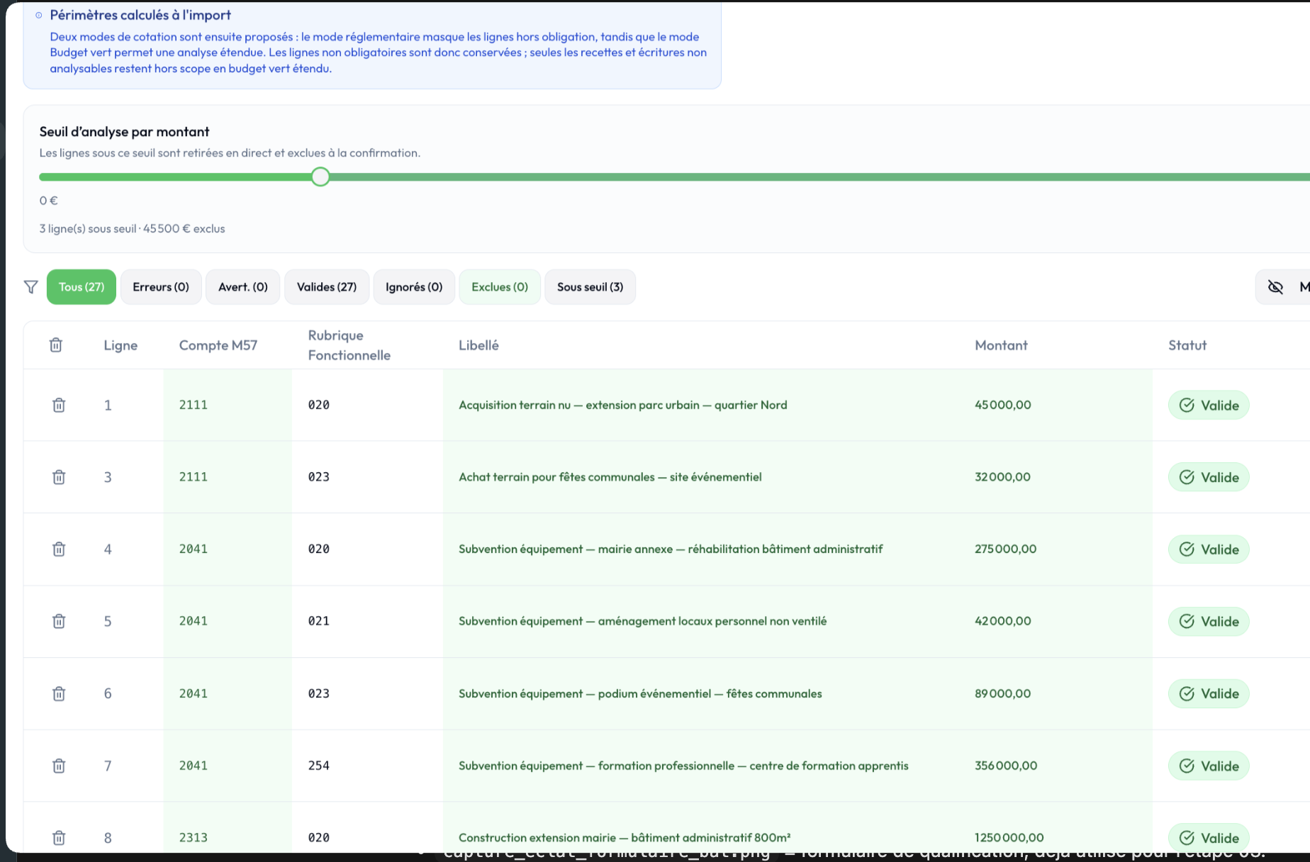 Import d'un fichier budgétaire M57 dans ÉCLAT — périmètres calculés, seuil d'analyse et lignes validées