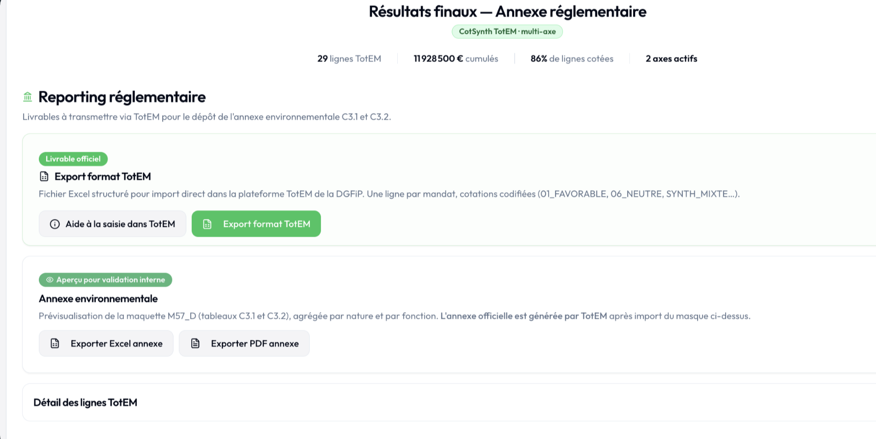 Export réglementaire dans ÉCLAT — export format TotEM, prévisualisation de l'annexe environnementale et PDF